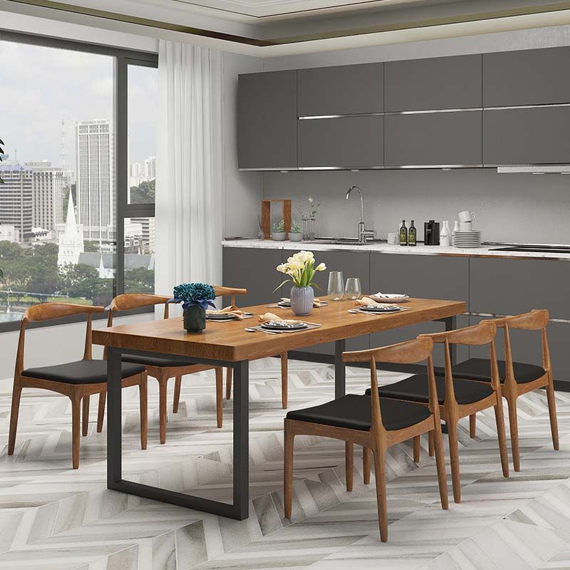 Brown Dinette Table with Metal Frame Industrial Solid Wood Top Dining Table
