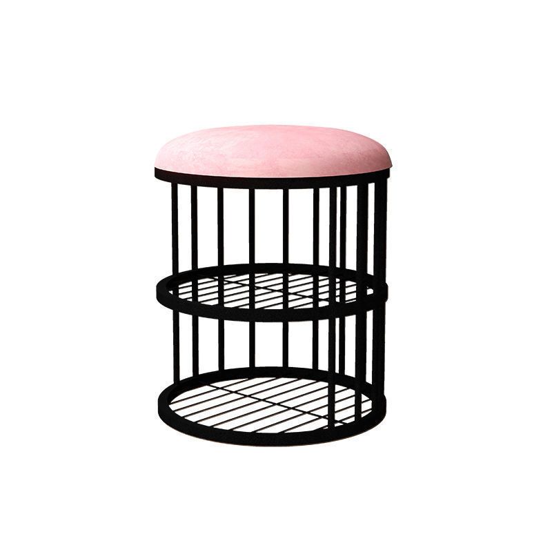 Industrial Cylinder Shape Ottoman Plain Velvet Metal Frame Shelved Storage Pouf