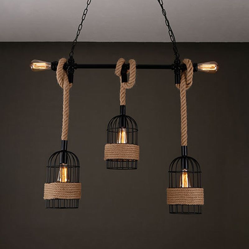 3 - Light Industrial Kitchen Island Lighting Metal & Hemp Rope Ceiling Fixture in Black
