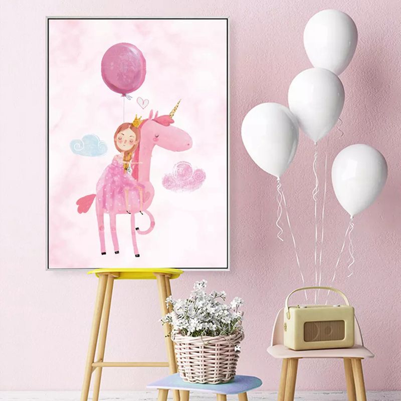 Cartoon Girls Canvas Wall Art with Unicorn Drawing Pastel Color Wall Decor for Bedroom