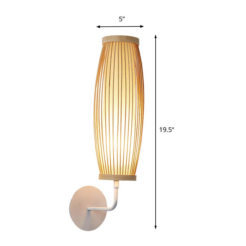 Beige Ellipsoid Wall Lamp Sconce Asian Style Single Bulb Bamboo Wall Lighting for Bedroom