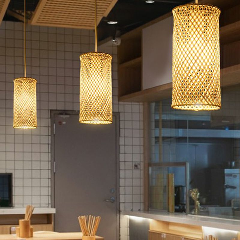Criss-Crossed Woven Bamboo Pendant Light Minimalist 1-Light Restaurant Hanging Light in Wood