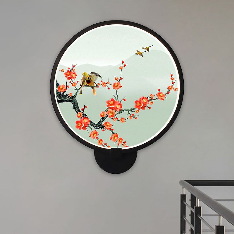 Circular Natural View Wall Lamp Chinese Metal LED Black Wall Mural Light for Bedroom