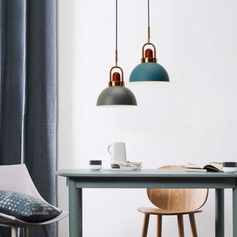 Metal Hemispherical Hanging Light Nordic Style 1 Light  Restaurant Ceiling Pendant Lamp with Wooden Top