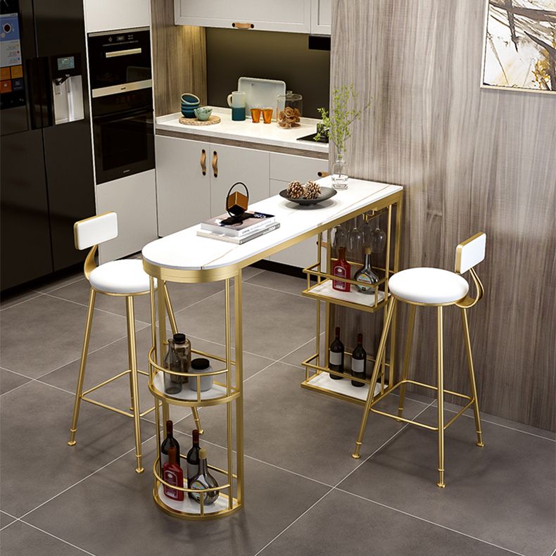 Glam White Stone Bar Dining Table Iron Double Pedestal Bistro Table with Shelf