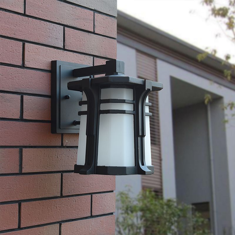 Bronze/Black Lantern Wall Light Lodge Opal Frosted Glass Single Bulb Outdoor Wall Lighting Fixture