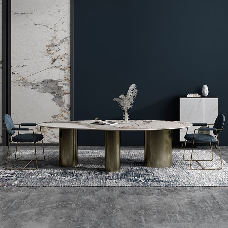Oval Traditional Luxury Dining Table White Sintered Stone Table with 3 Gold Legs