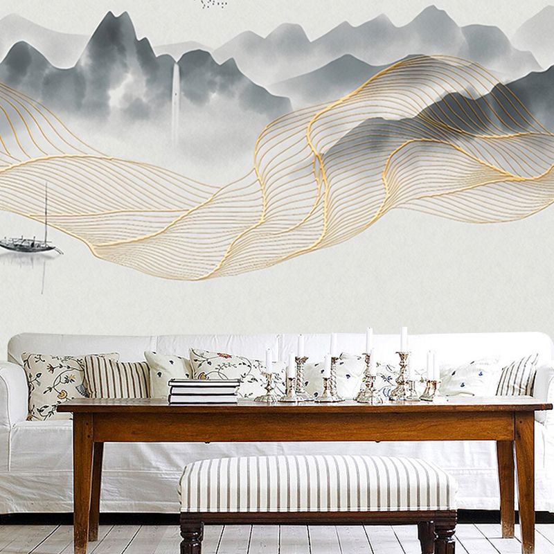 Yellow and Grey Mural Wallpaper Boat and River Stain-Resistant Wall Art for Guest Room