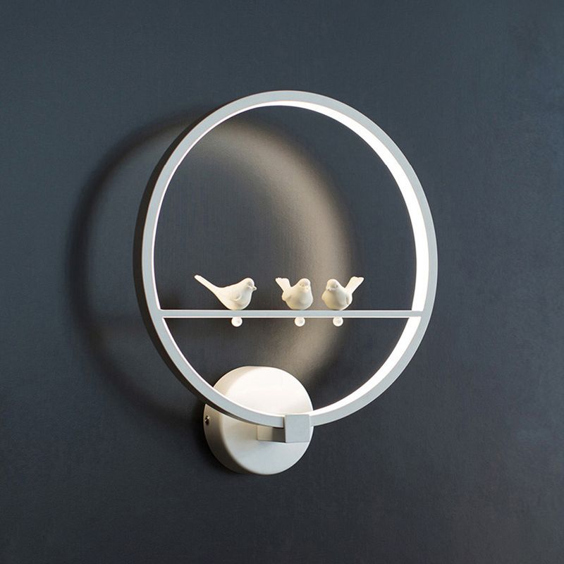 White Circle Sconce Lighting Modern LED Acrylic Wall Mount Lamp with Birds Deco for Bedroom