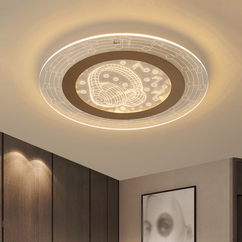 Acrylic Disc Ceiling Lamp Minimalist LED White Flush Mount Fixture with Music Note Pattern, 16"/19.5" W