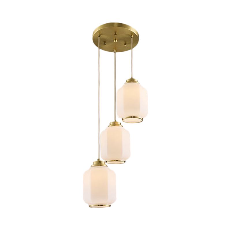3-Licht-Multi-Decken-Licht traditionelle Lantern-Weißglasanhängerlampe in Messing mit runden Baldachin
