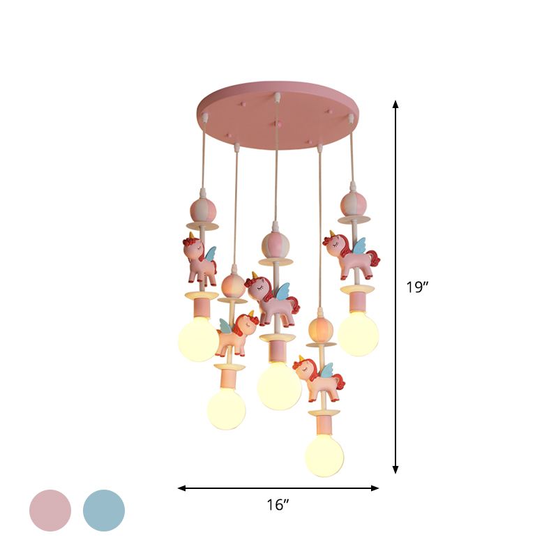 Eenhoornvorm Multi plafondlicht cartoonhars 5 lampen roze/blauwe afwerking hangende lampkit met ronde luifel