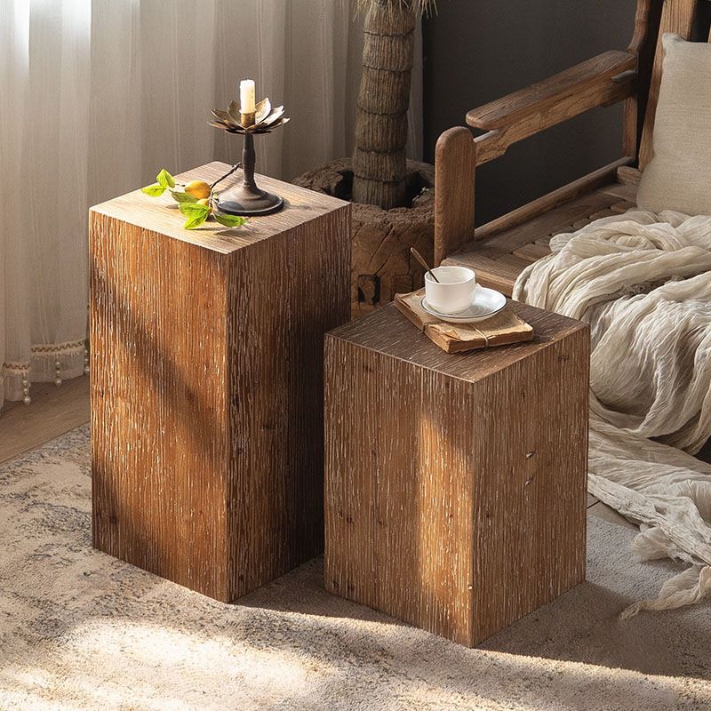 Distressed Wood Square End Table Set 11.8" W Block Sofa Side Accent Table