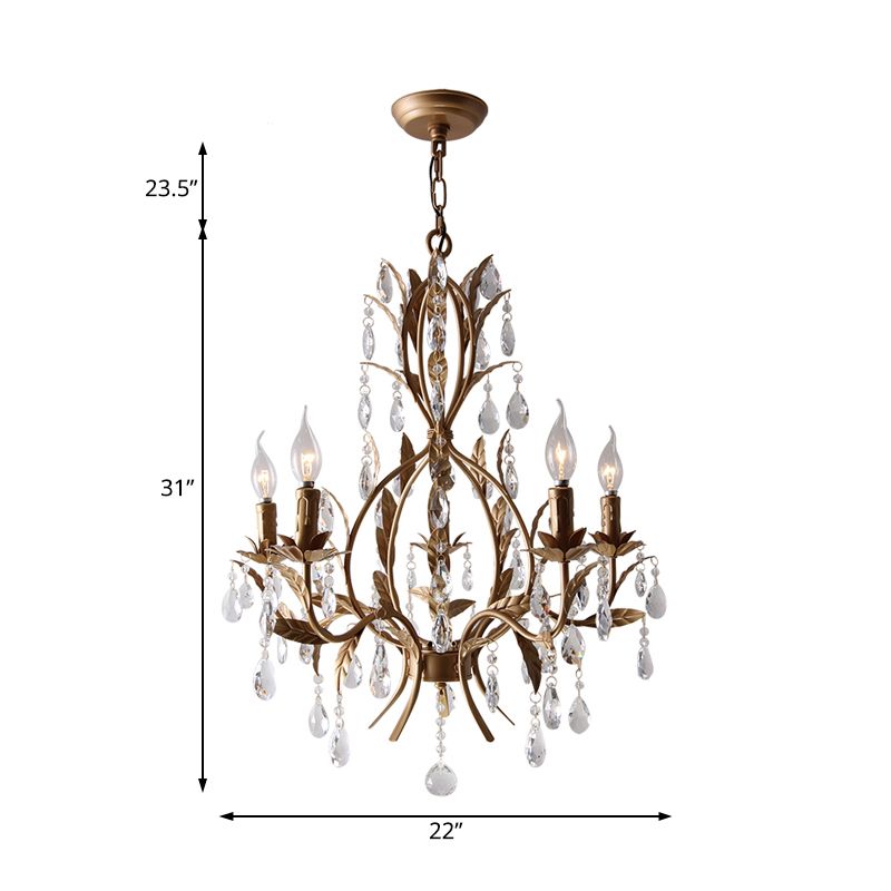 Brass Candle Chandelier Lamp Retro 5 Heads Metal Ceiling Pendant Light with Crystal Teardrop