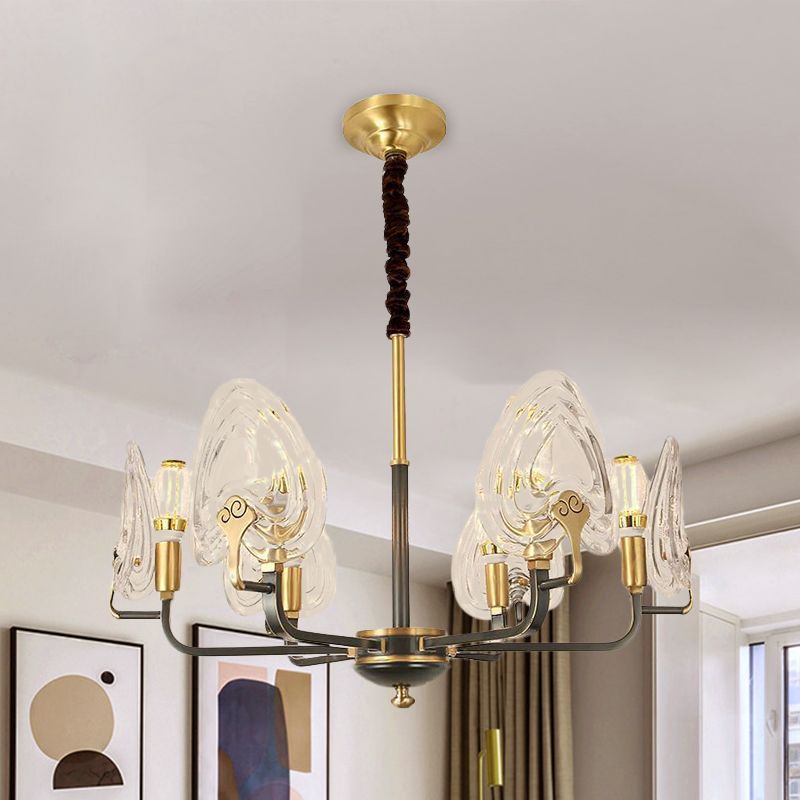 Heart-Shaped Bedroom Pendant Chandelier Colonial Clear Prismatic Glass 6/8 Bulbs Black and Gold Ceiling Light