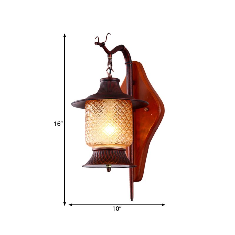Lantern Living Room Sconce Light Fixture Vintage Tan Gird Glass 1-Light Copper Wall Lighting Fixture with Wood Backplate
