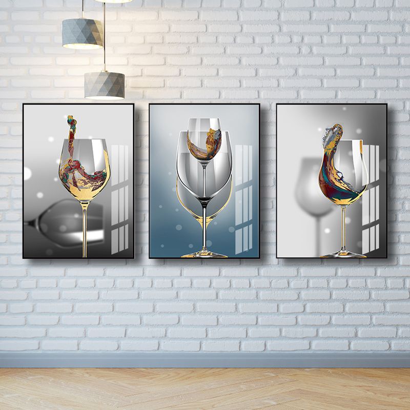 Modern Wine Glasses Wall Art Decor Light Color Dining Room Canvas Print, Set of 3