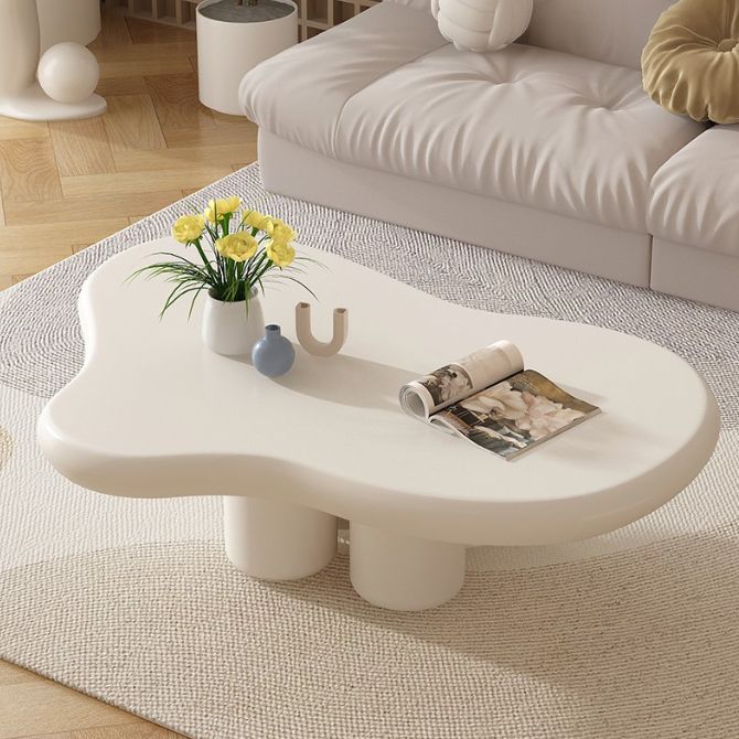 Solid Wood Cream Coffee Table Cloud-Shaped 4 Legs Cocktail Table