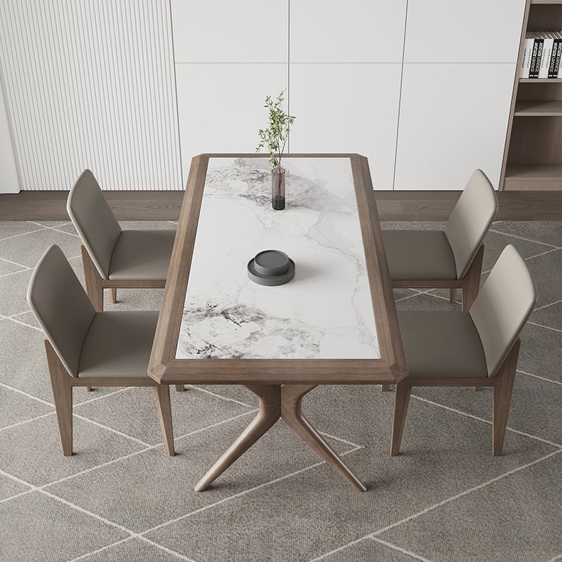 Modern Rectangular Stone Top Dining Table with Solid Wood Legs for Living Room