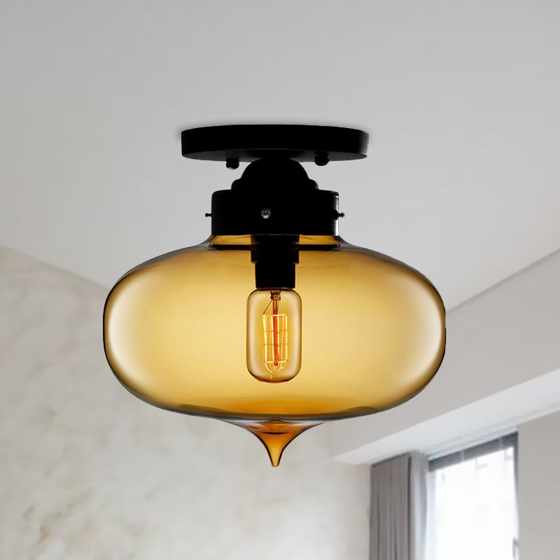 Black One Light Ceiling Mount Industrial Red / Brown / Amber Glass Oval Shade Semi Flush Light for Dining Room