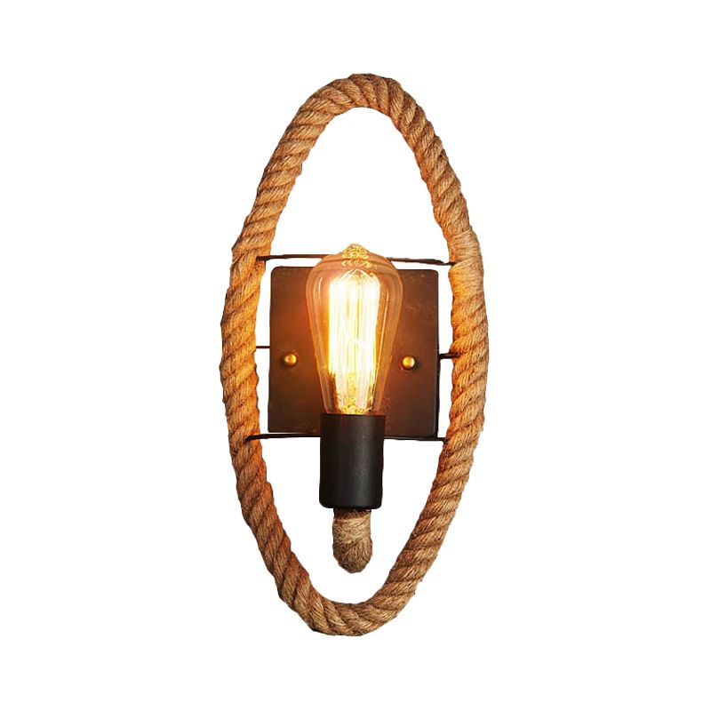 1-Head Rope Wall Sconce Loft Style Black Finish Round/Oval Corridor Metallic Wall Mount Lighting with Exposed Bulb