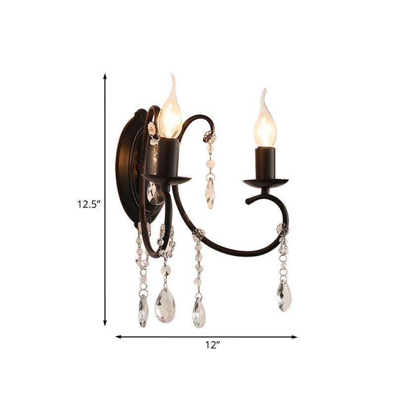 Black Candle-Style Wall Lamp Fixture Country Metal 2 Heads Corridor Crystal Wall Lighting Idea