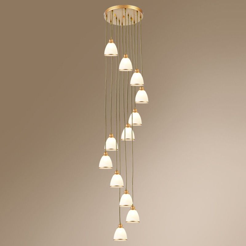 Traditional Bell Shade Multi Ceiling Light Cream Glass Suspension Lighting for Living Room