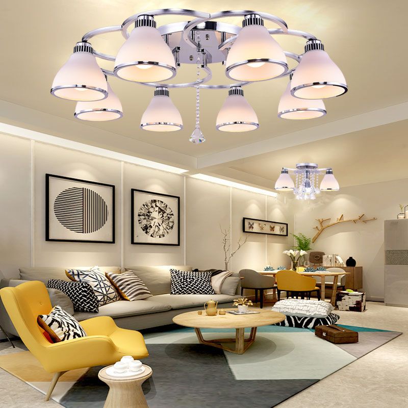 Contemporary Conical Opal Glass Semi Flush Light Crystal 8 Lights Living Room Semi Flush Mount in Chrome