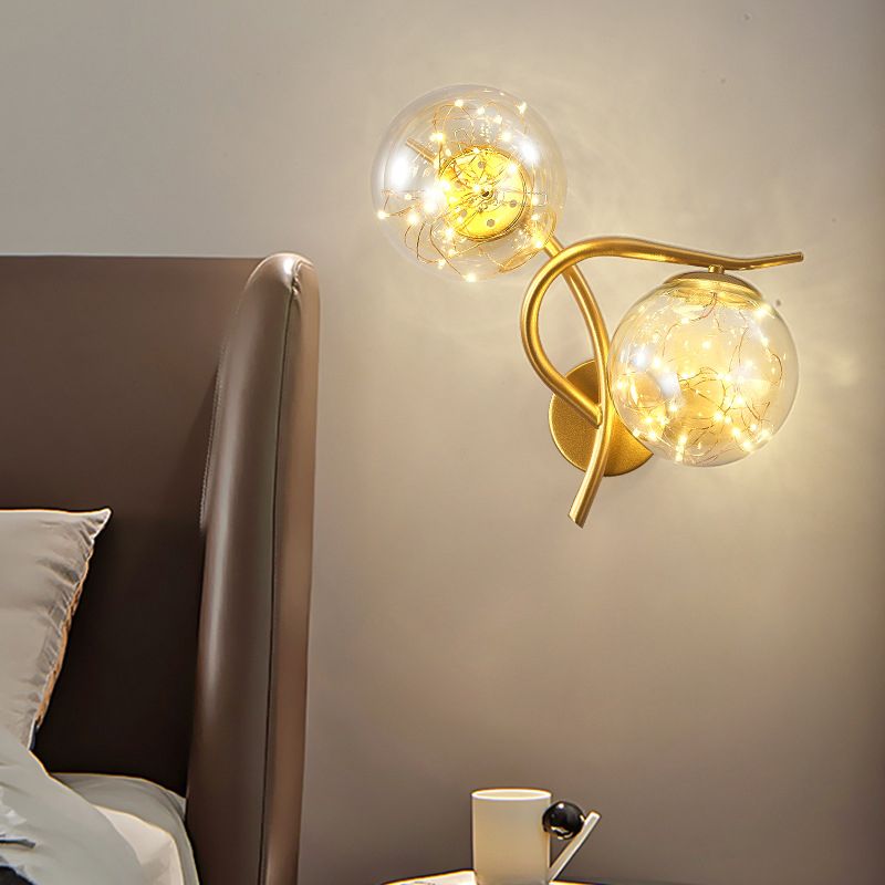 2-Lights Branch Metal Arm Sconce Lights Globe Glass Shade Nordic Style LED Wall Mount Lamp