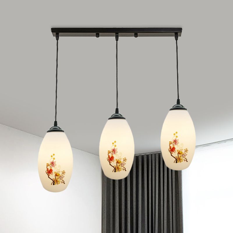 3 Bulbs Multiple Hanging Light Modern Oblong Frosted White Glass Linear/Round Canopy Pendulum Lamp with Flower Pattern