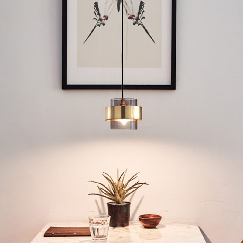 Lampada a sospensione in vetro di fumo cilindrico 1 luce moderna a sospensione minimalista con anello metallico