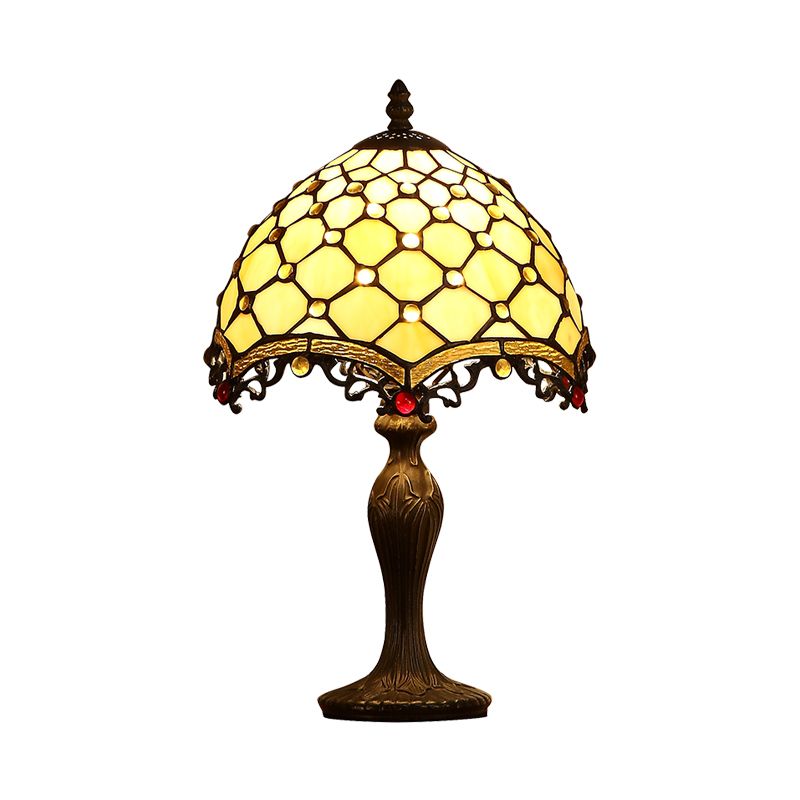 Wave-Trim Fishscale Table Lamp 1 Bulb Tan Glass Baroque Nightstand Light in Dark Brown for Living Room
