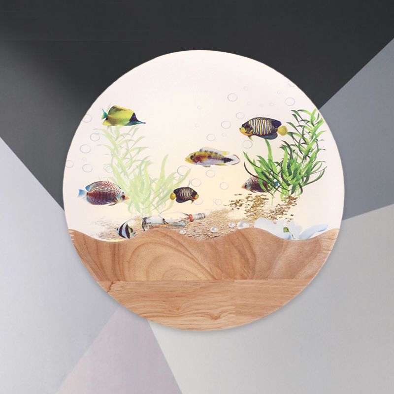 LED Bedside Wall Lamp Asia Style Wood Fish and Undersea Plants Wall Mural Light with Circular Acrylic Shade