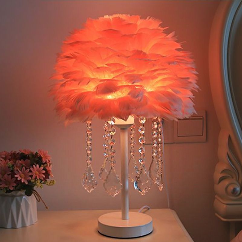 Hemisphere Feather Table Lamp Modern Single-Bulb Grey/White/Pink Night Light with Crystal Ball/Drop