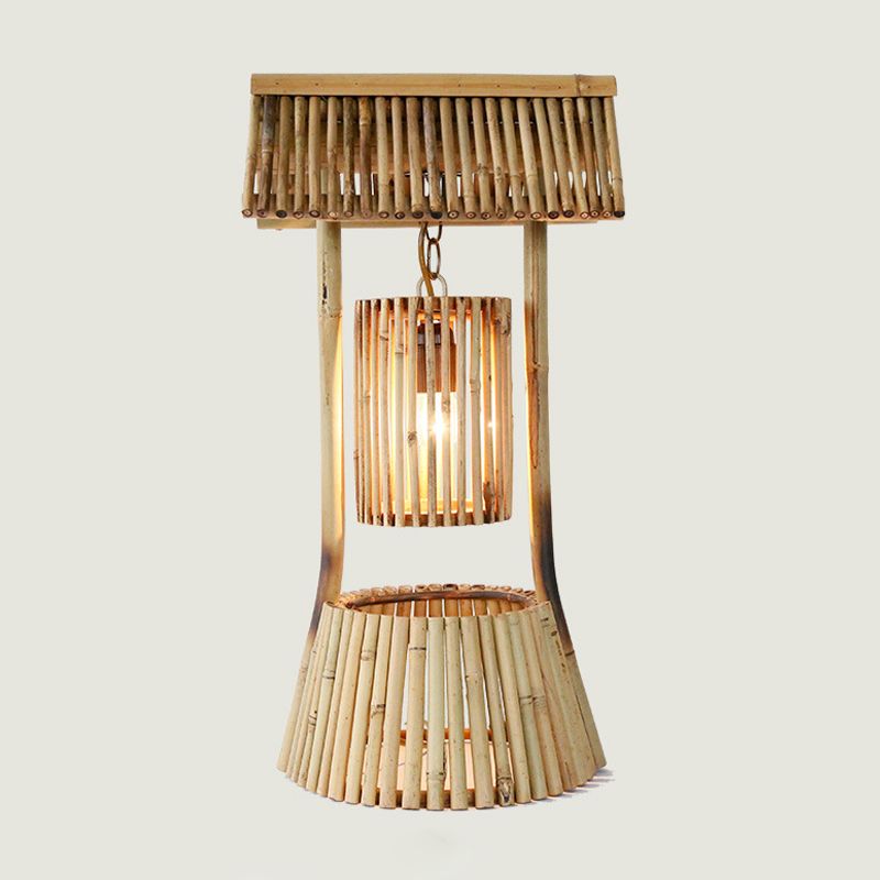 Chinese Hand-Worked Desk Light Bamboo 1 Bulb Task Lighting in Khaki for Teahouse