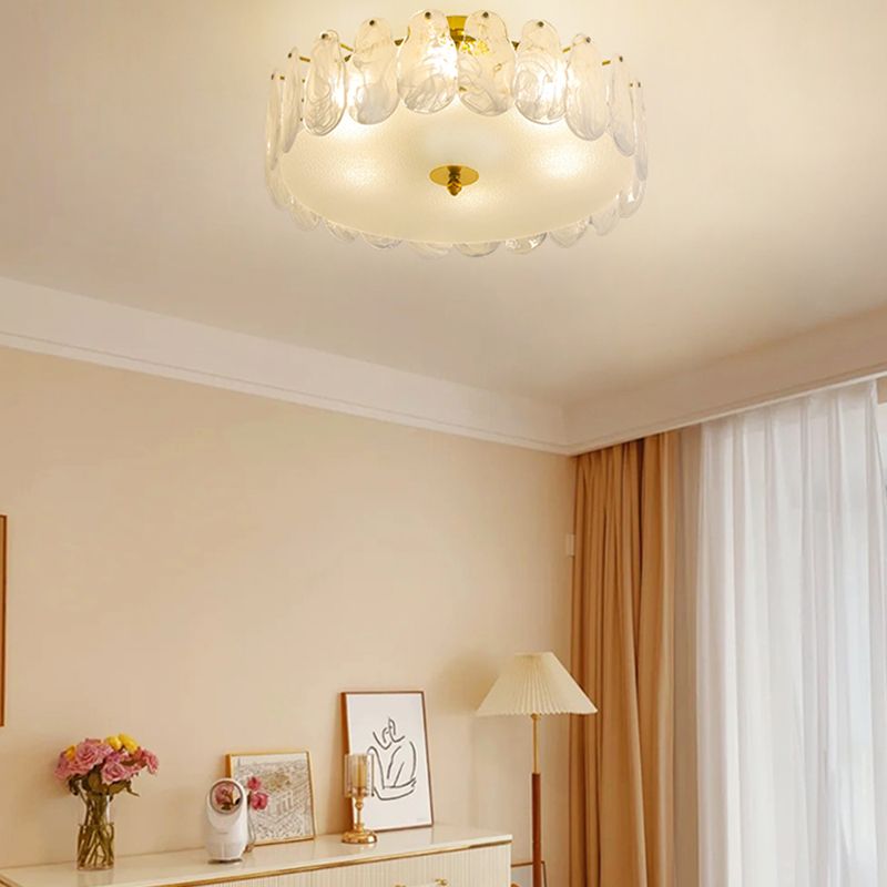 Gold Metal Semi Flush Mount Light Fixture Traditional Drum Bedroom Semi Flush Lamps with Glass Shade
