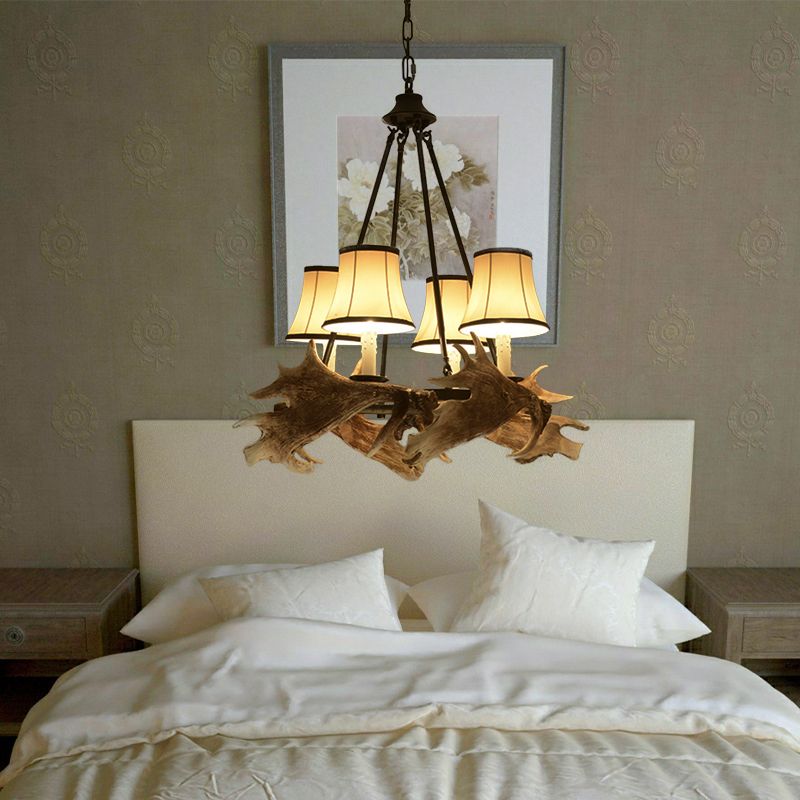 Lampadario conico a soffitto sala da pranzo in resina rustica 4 luci appuntamento appeso al beige con tonalità in tessuto