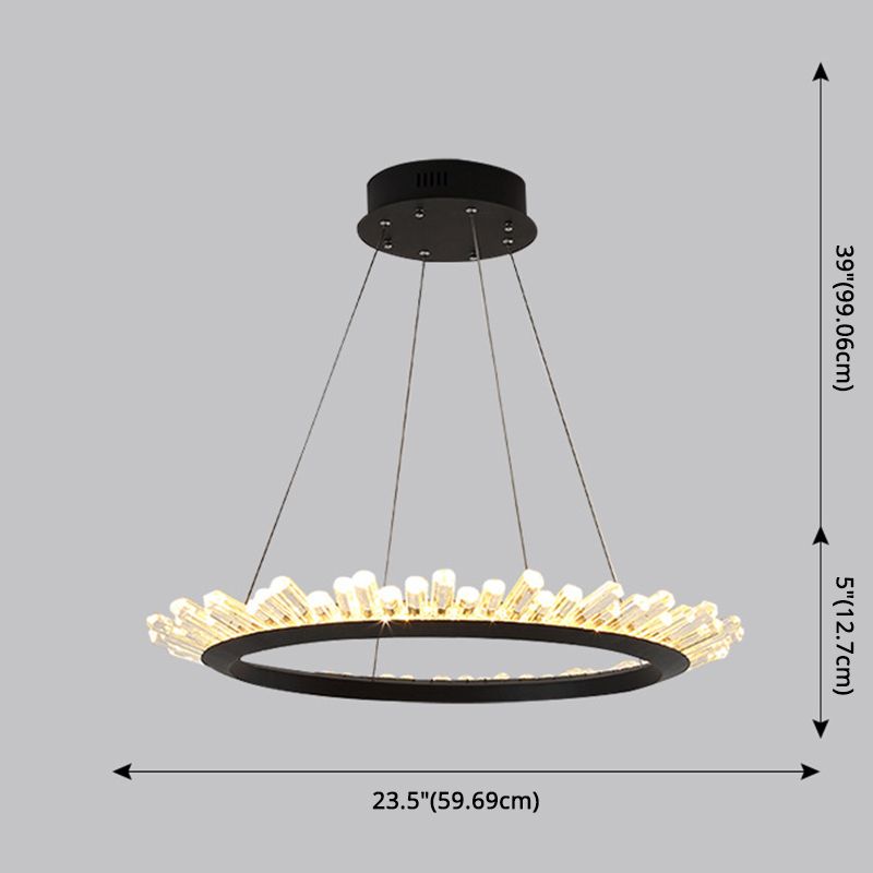 Minimalist Ring-Shape LED Chandelier Crystal Stick Living Room Hanging Light in Black