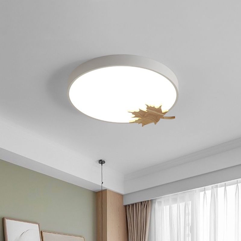 Drum Ceiling Mount Modern Acrylic Led Gray/White/Green Flush Light Fixture for Bedroom with Maple Leaf