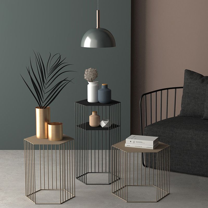Frame Hexagon Metal End Table Set Simple Iron Sofa Side Accent Table with Storage Shelf