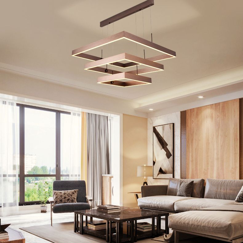 3-Tier Square LED Pendant Light Modern Metal Coffee Finish Chandelier for Living Room