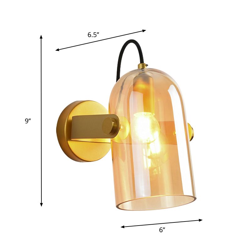 Retro Style Cloche Sconce Light 1 Bulb Amber/Blue/Smoke Gray Glass Bedroom Wall Mounted Lamp Kit in Brass Finish
