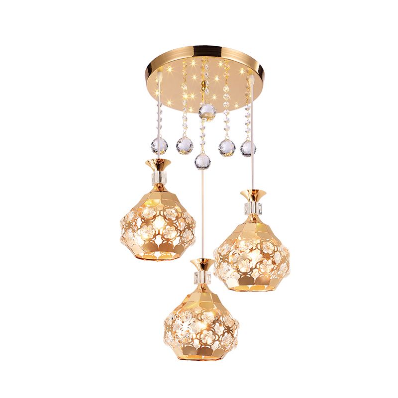 Dome Dinning Room Multi Hanging Light Crystal Embedded 3 Lights Modernism Suspension Lamp in Gold