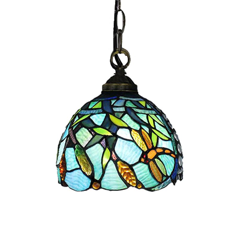 Domed Hanging Lamp 1 Head Aqua Hand Cut Glass Mediterranean Hanging Pendant Light with Dragonfly Pattern