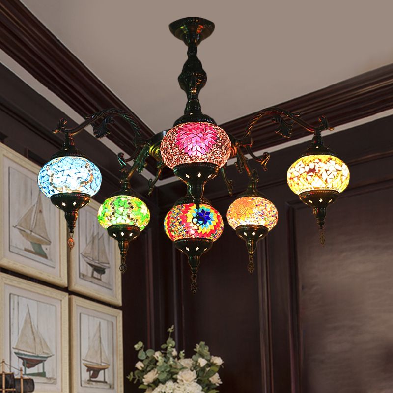 Stained Glass Bronze Hanging Chandelier Oval 6 Heads Traditional Suspension Light