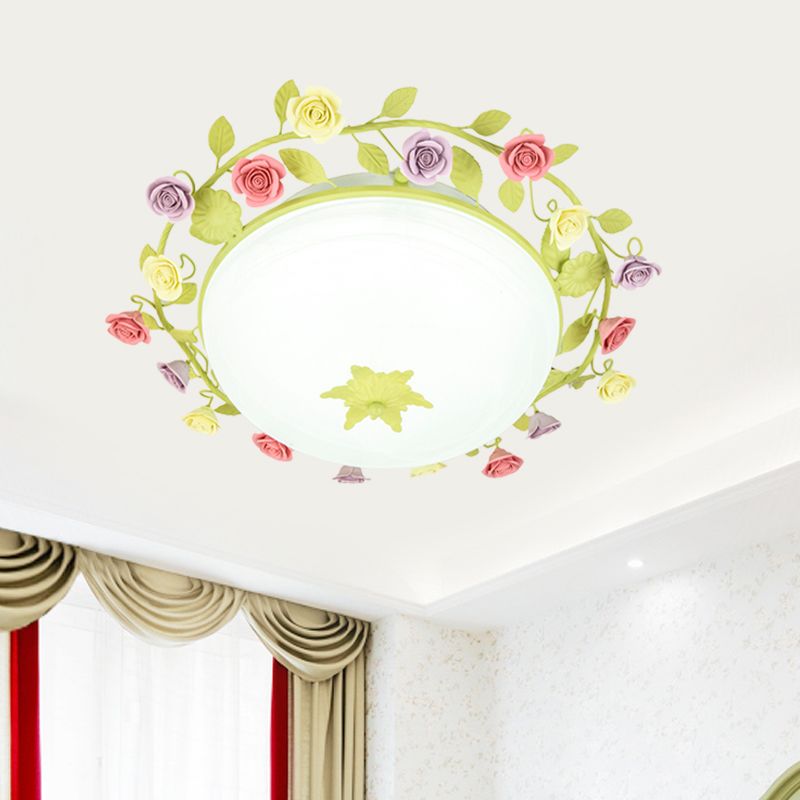 Green Rose Garland Flush Mount Pastoral Ceramic 3 Lights Bedroom Ceiling Lamp with Frosted Glass Shade, Small/Large Size