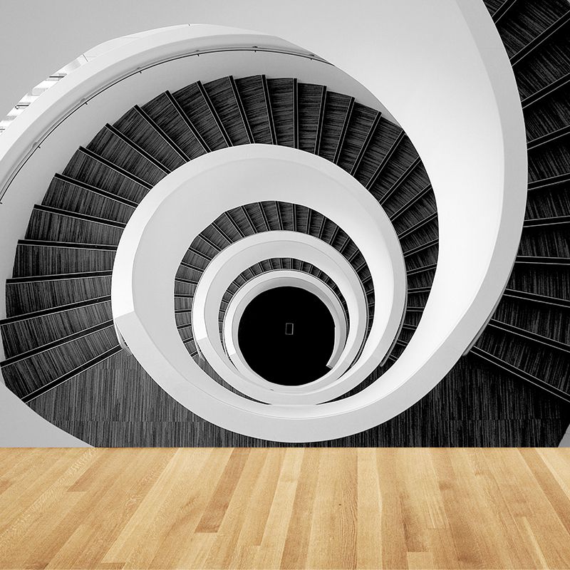 Mesmerizing Swirly Stairs Wall Mural Decal for Living Room, Black and White, Custom Size