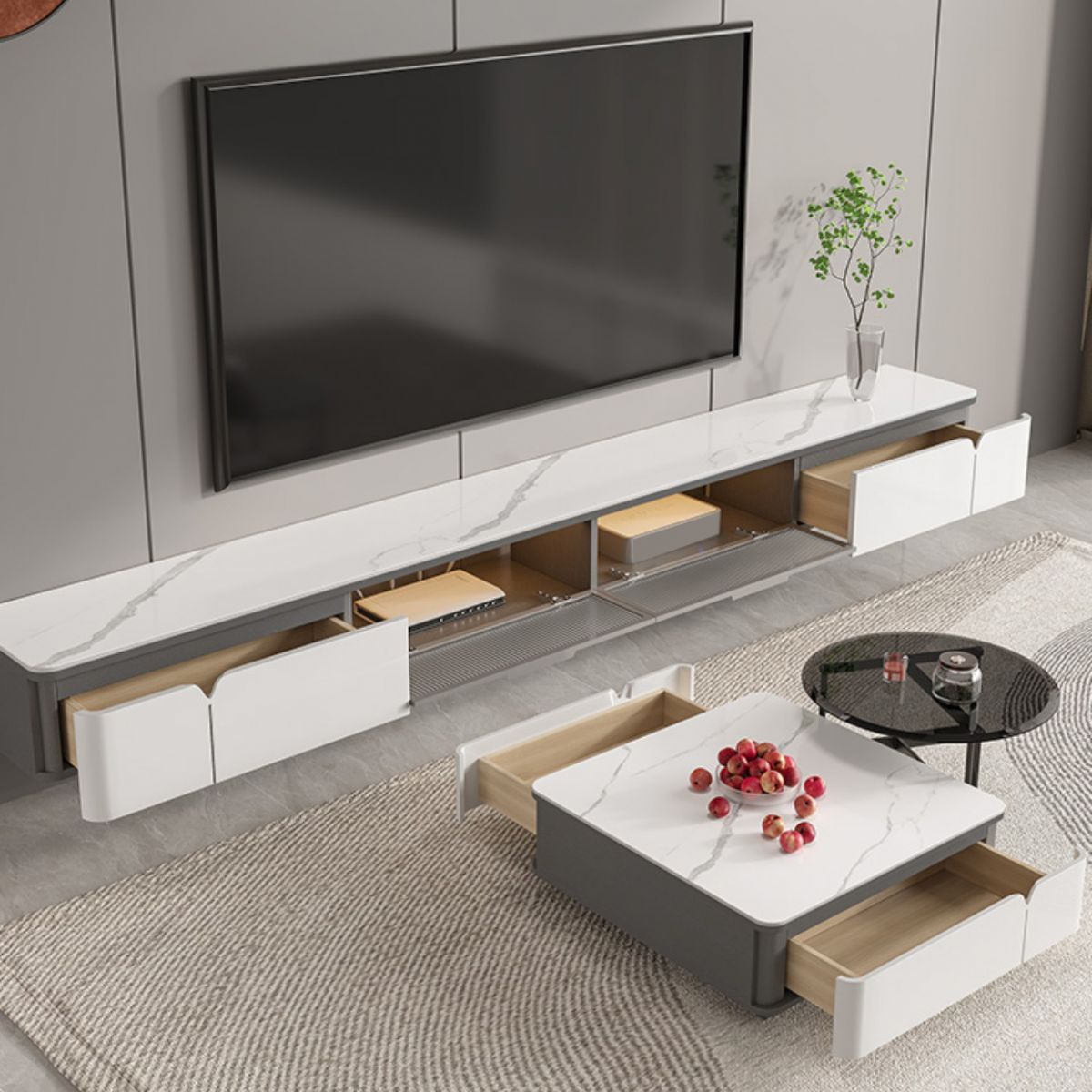 Contemporary TV Console Floating Faux Stone Media Console for Home