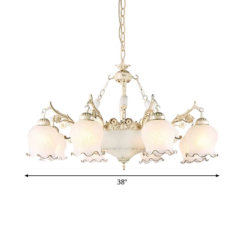 Salle à manger en forme de bourgeon de fleur lampe à goutte traditionnelle en verre blanc 11 lumières Chandelier en laiton