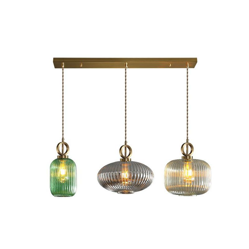 Pendante a sospensione multi-luce a forma geometrica moderna vetro a costola 3 lampadine in ottone sospensione lampada